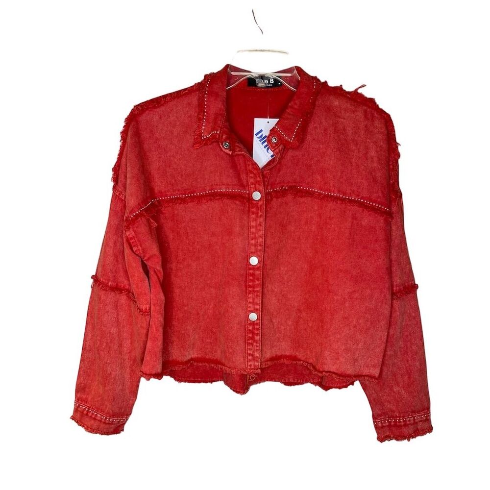 Blue B Collection Women’s Red Studded Frayed Hem Crop Denim Jacket Size M